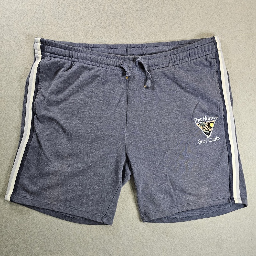 Hurley Surf Club Mens XL Blue Gray French Terry Sweat Shorts Striped Embroidered
